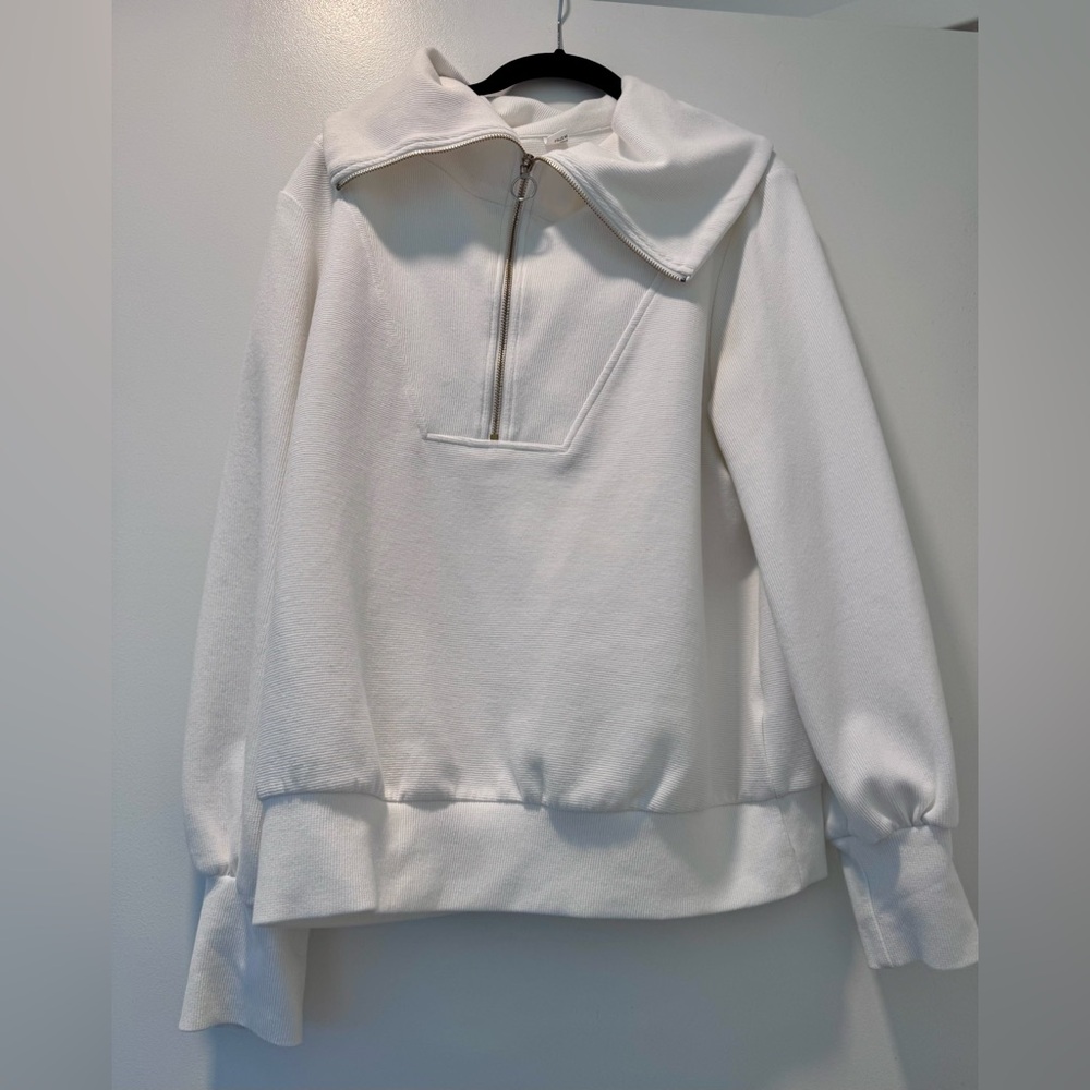 ANRABESS White Textured Quarter Zip Funnel Neck Pullover Top Small